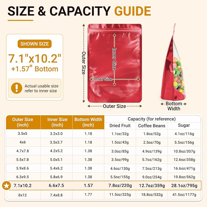 ANZNKU 100PCS Mylar Bags Resealable Large Smell Proof Bags(Red, 7.1x10.2) | Stand Up Foil Pouches Clear Window, Sealable Bags for Small Business Packaging Snack Party Favors Candy Treats Food Storage - Image 2