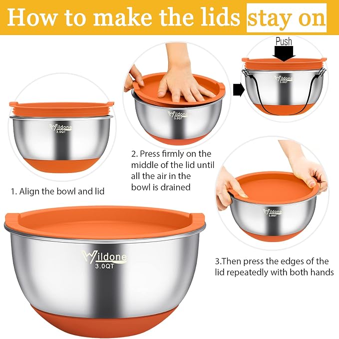Wildone Mixing Bowls with Airtight Lids, Stainless Steel Mixing Bowls Set | Metal Bowls with 3 Grater Attachments & Non-Slip Bottom, Size 5, 4, 3, 2,1.5, 0.63QT, Includes Utensil Set for Prep, Colored - Image 7