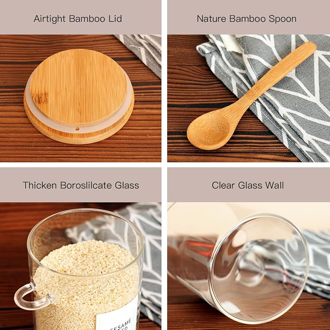 HHMJSM 6 Pcs Glass Jar with Bamboo Lid and Spoon - 17 oz Large Sugar Container with 148 Kitchen Pantry Spice Jar Labels Preprinted - Glass Containers with Wooden Lids Hold Coffee, Tea, Candy - Image 6