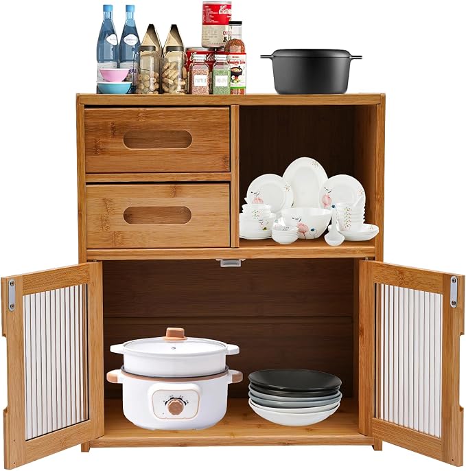 Storage Cabinet with Drawers and Doors, 22 lbs Load Capacity Bamboo Pantry Cabinet, Freestanding Microwave Cupboard with Visual Windows, Magnetic Closure Organizer for Kitchen Living Room Dining by Ojseimchrl