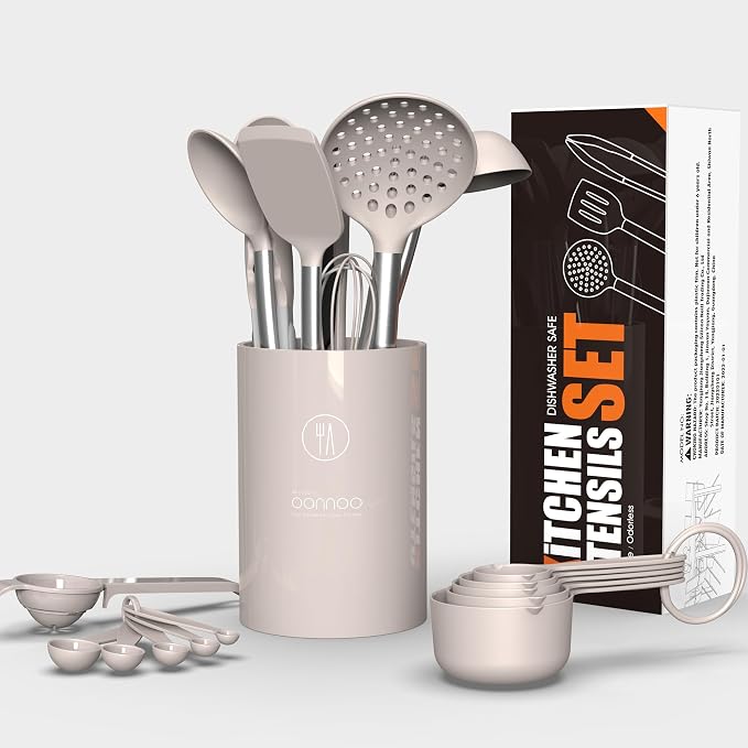 oannao Large Silicone Cooking Utensils Set - Heat Resistant Kitchen Utensils,Turner Tongs,Spatula,Spoon,Brush,Whisk,Stainless Steel Cooking Tool for Nonstick Cookware,Dishwasher Safe (Khaki) - Image 4