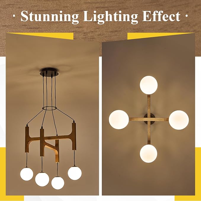 Farmhouse Wooden L24'' Chandelier Rustic Oak Wood Pendant Lights Mid Century 4-Light Milk Glass Globe Pendant Chandelier for Dining Room Kitchen Foyer Entryway Bedroom, G9 - Image 9