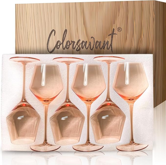 Peach Color Wine Glasses Set 6-16oz Blush Pink Wine Glass with Stem-Hand Made Light Peach Wine Glass-Unique Pastel Pink Wine Glasses for Women Party by Colorsavant