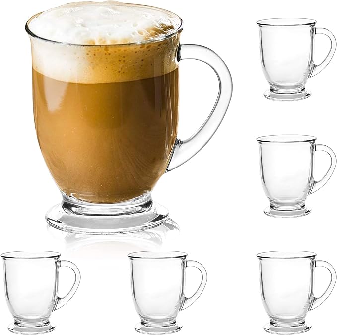 Accguan 15oz/450ml Glass Coffee Mugs with Handles Set of 6 | Clear Coffee Cups with Handle, Iced Drink Cup perfect for Latte, Cappuccino, Espresso Coffee, Tea and Hot Beverages by Accguan