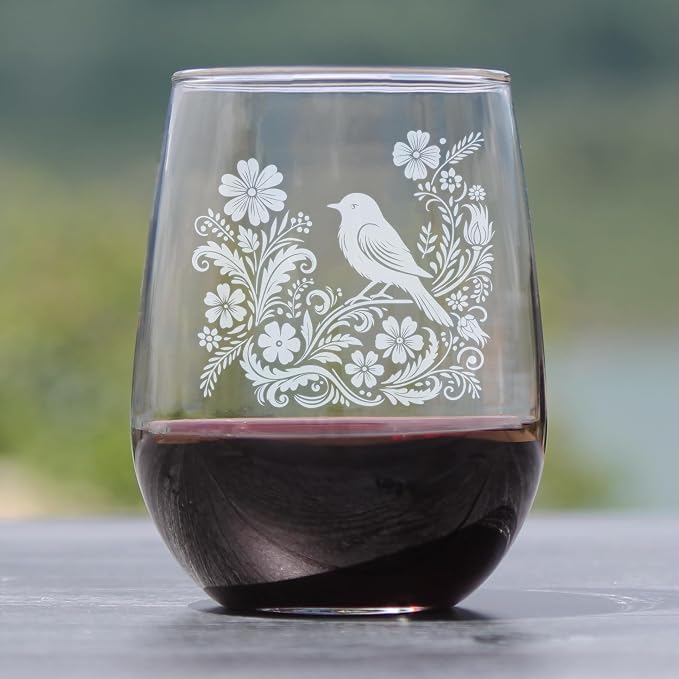 Engraved Bird & Floral 17oz Stemless Wine Glass, Etched Botanical Decor, Cottagecore Nature Lover For Her, Vintage Glassware - Image 2