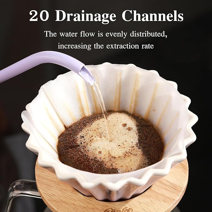 Bincoo Ceramic Coffee Dripper,Pour Over Coffee Dripper with Wood Stand, Flower-shape for 1-2 Cups Slow Brewing Maker for Home Cafe (Pink)