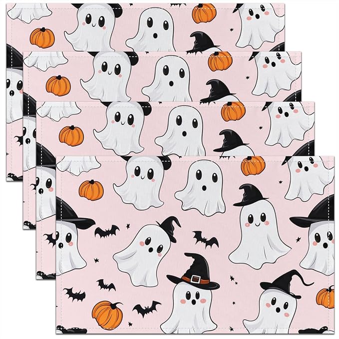Feelyou Happy Halloween Placemats Set of 4 Cute Ghost Pumpkin Table Mats Light Pink White Place Mat for Kitchen Dining Table Party Decor Indoor Outdoor 18"x12" Non-Slip Easy to Clean Bats Pattern by Feelyou