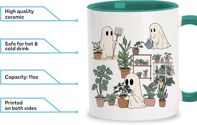 Hyturtle Cute Ghost Plant Mug Gifts For Plant Lovers on Birthday, Halloween | Garden Gifts for women, Gardening 11oz Ceramic Cup, Ghost Mug, Vivid double-sided fade-resistant print, Comfort grip handle - Image 3