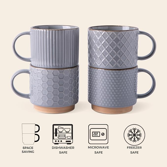 GBhome 12 OZ Stackable Coffee Mugs Set of 4, Ceramic Coffee Cups Set | 4 Assorted Designs, Embossed Mugs with Texture Patterns for Tea/Coffee, Dishwasher&Microwave Safe, Gray - Image 6