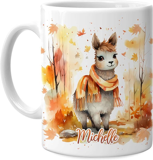 Hyturtle Personalized Fall Llama Coffee Mug, Autumn Décor for Farmhouse | Birthday Gifts For Llama Lovers - Fall Autumn Decor Gifts For Thanksgiving - Custom Name 11oz White Ceramic Coffee Tea Mug by Hyturtle