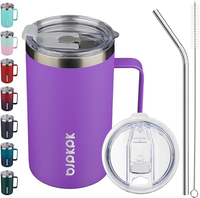 BJPKPK 25oz Insulated Coffee Mug with Handle, Stainless Steel Travel Mug | Keeps Drinks Hot & Cold, Double Wall Vacuum, 2 Lids Included, BPA-Free Coffee Tumbler for Home, Office & Travel by BJPKPK