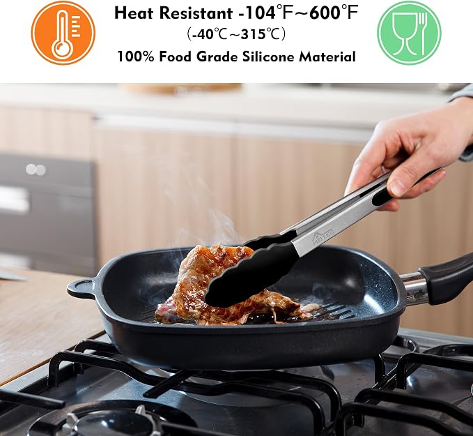 HOTEC Premium Stainless Steel Locking Kitchen Tongs with Silicon Tips, Set of 3-7", 9" and 12", Black, Grey, White - Image 2