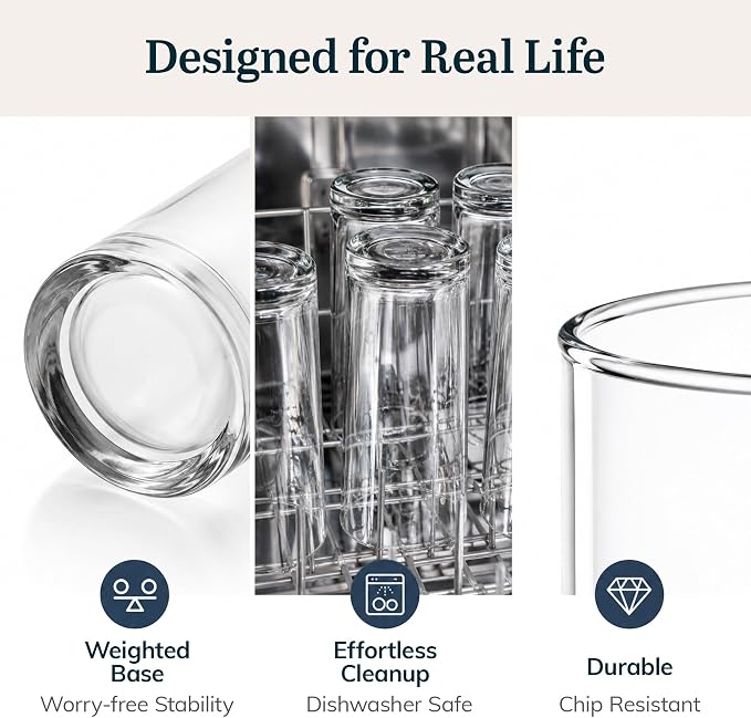 Heavy Base Drinking Glasses Set of 8, Weighted Clear Water Cups | 15.5 oz Capacity for Water, Juice, Soda, Cocktails, and More with Weighted Base and Dishwasher-Safe Cleanup - Image 3