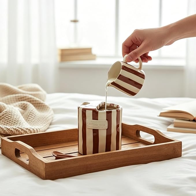 10oz Ceramic Coffee Mug with Sip Hole, Striped Espresso Cups for Hot & Cold Drinks and Microwave & Dishwasher & Freezer Safe, Ideal for Home Desk Kitchen Office Dorm Cafe Travel Daily - Brown - Image 8