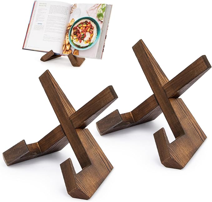 PUERSI Cookbook Stand for Kitchen, Recipe Book Holder for Kitchen Counter | Wooden Cookbook Holder, Rustic Cook Book Holder Stand - Rustic Brown - 2 Sets by PUERSI