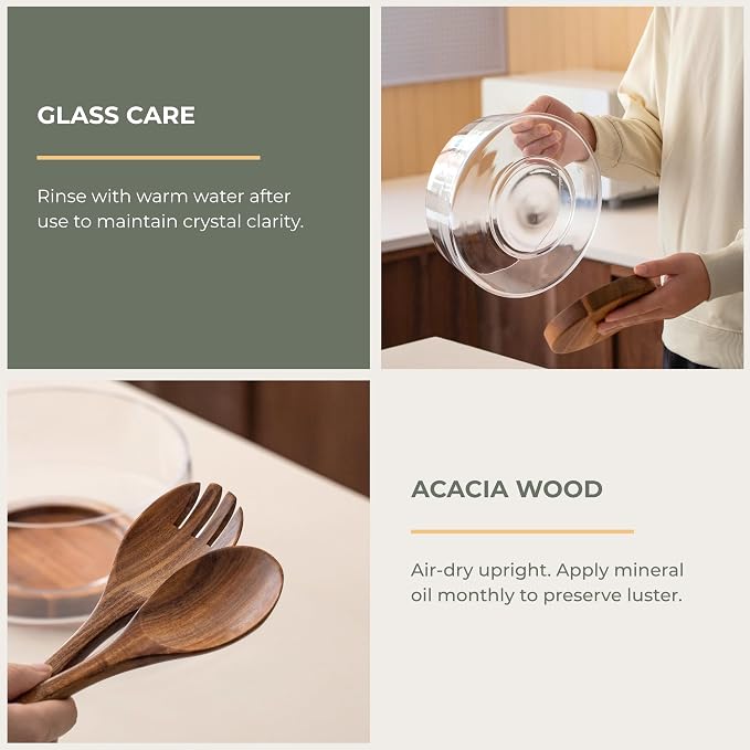 muso wood Salad Bowl Set Large-capacity Glass Salad Bowl with Acacia Wood Base and Salad Spoon-fork Perfect for Family Gatherings and Dinner Parties Mix Effortlessly - Image 7