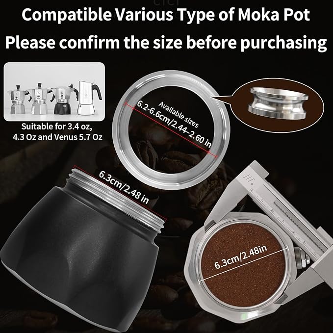 Coffee Tamper for Moka Pot, 304 Stainless Steel Espresso Coffee Tamper, Espresso Dosing Funnel Compatible with Aluminum Espresso stovetop Moka Pot (Silver)