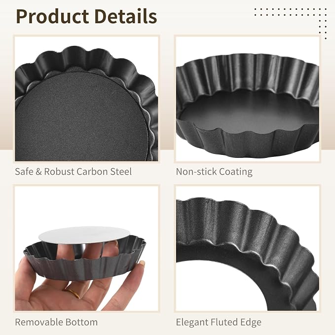 16 Pcs Mini Tart Pans, 3.9 in Round Baking Molds with Removable Bottoms, Carbon Steel Nonstick Fluted Quiche Pans, Mousse Pizza Molds, Metal Pie Pans for Desserts and Daily Baking - Image 3