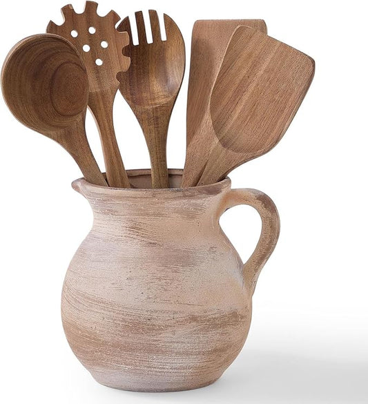 MIYUKI Rustic Kitchen Utensil Holder - 7.6 Inch Ceramic Utensil Crock for Countertop, Vintage Kitchen Counter Decor by Unknown