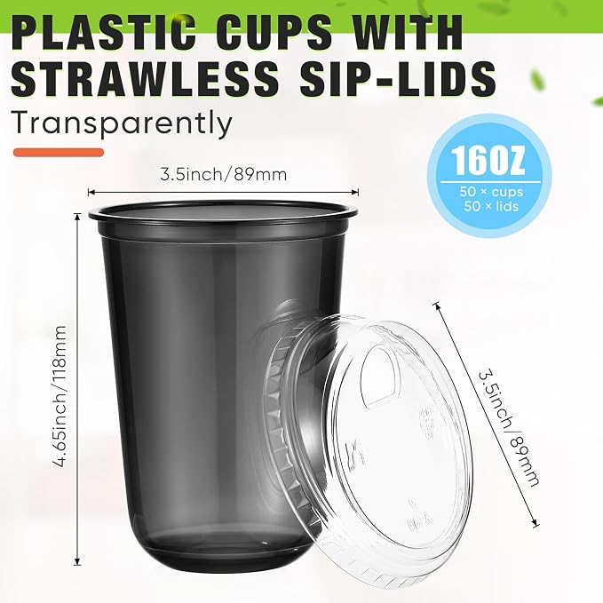 Ziliny 50 Sets Clear Plastic Coffee Cups with Sip Lids, Disposable Plastic PET Crystal Cups for Iced Coffee, Smoothie, Cold Beverage, Drink Shops and Party Catering(Clear Black,16 oz) - Image 3