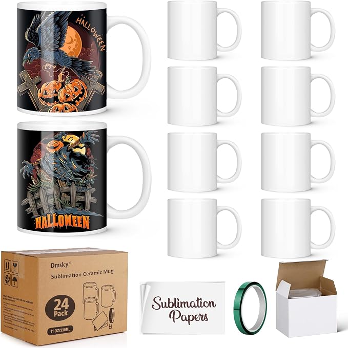 Dmsky Sublimation Mugs White Ceramic Photo Cups Blank Bulk Coffee for Crafts Tazas para Sublimar 11 oz Cups with Box, Heat Tape, Sublimation Paper Ideal for Printing Mug Set of 24 by DMSKY