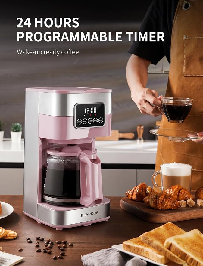 SHARDOR 10-Cup Programmable Coffee Maker, Regular & Strong Brew Drip Coffee Machine for Home and Office, Auto Shut Off, Permanent Filter (pink) - Image 3