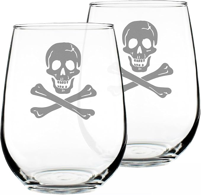 Skull and Crossbones Wine Glass Engraved in Colorado - 17 oz - Set of 2 | Bevvee Gift ideas for pirate enthusiast or sailor who loves skull glassware. Wine glass drinkware for home bars and parties by Bevvee