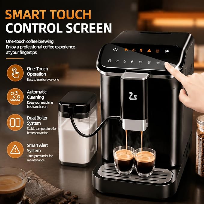 Fully Automatic Espresso Machine with Grinder, 20 Bar Coffee Maker with Dual Boiler System, One Touch Latte Cappuccino Maker with Auto Milk Frother, 1.5L Water Tank for Home Office - Image 3