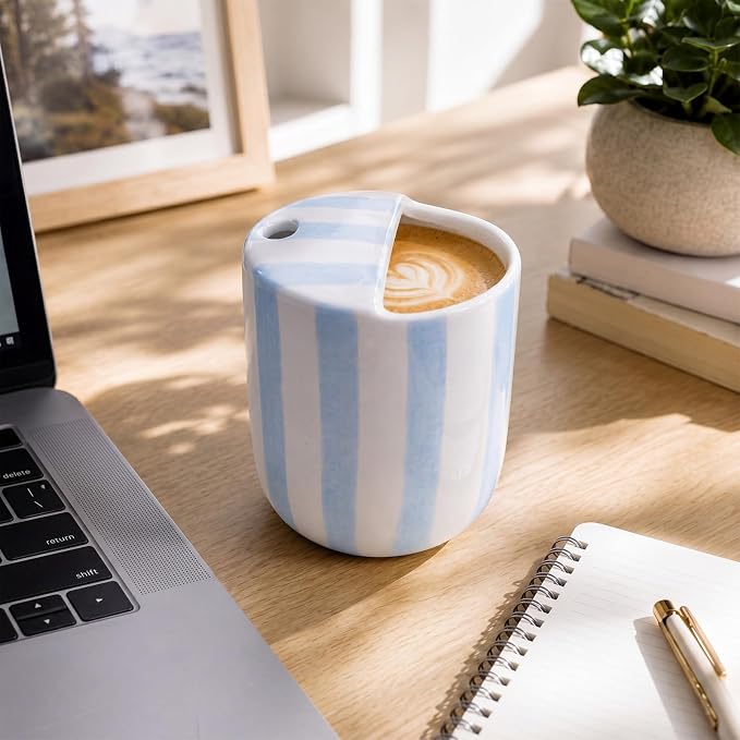 Ceramic Coffee Mug with Sip Hole 10 oz Retro Espresso Cup with Half Lid Hand Painted Blue Striped Porcelain Coffee Tea Cup for Kitchen Office Travel Tea Cappuccino Latte Daily Use Gift - Image 4