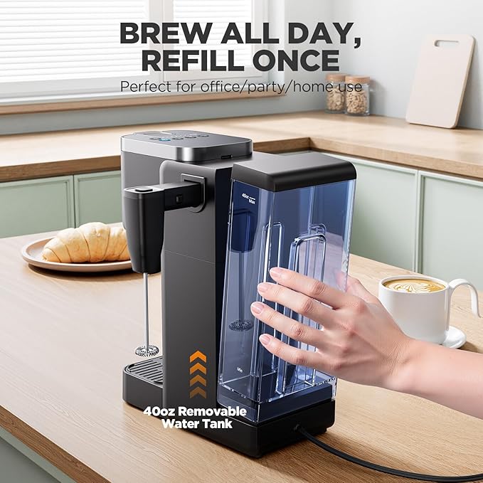 Tastyle Single Serve Coffee Maker with Built-in Detachable Milk Frother | For K Cups & Grounds, 40oz Removable Water Tank, 6 Brew Sizes, 2 Drip Trays, BPA Free, Fits 7.3" Travel Mug, K330MF, Black - Image 6