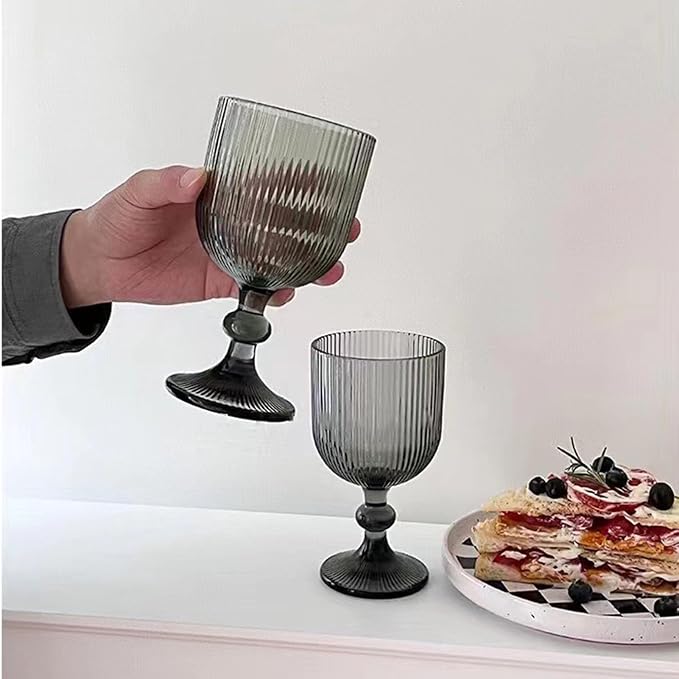 Taganov Water Goblets set of 6 Vintage Glassware 13 oz Colored Wine Glass Drinking Glass Vertical Line Embossed Pattern Stemmed Cups for Wedding Party Bar Grey - Image 8