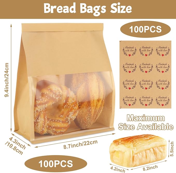 QTLCOHD 100 Pcs Bakery Bags with Window - 8.2 x 3.9 x 9.4 Inch Tin Tie Tab Lock Sourdough Paper Bread Bags for Homemade Bread, Cookie, Pastry, Treat Packaging, Brown - Image 2