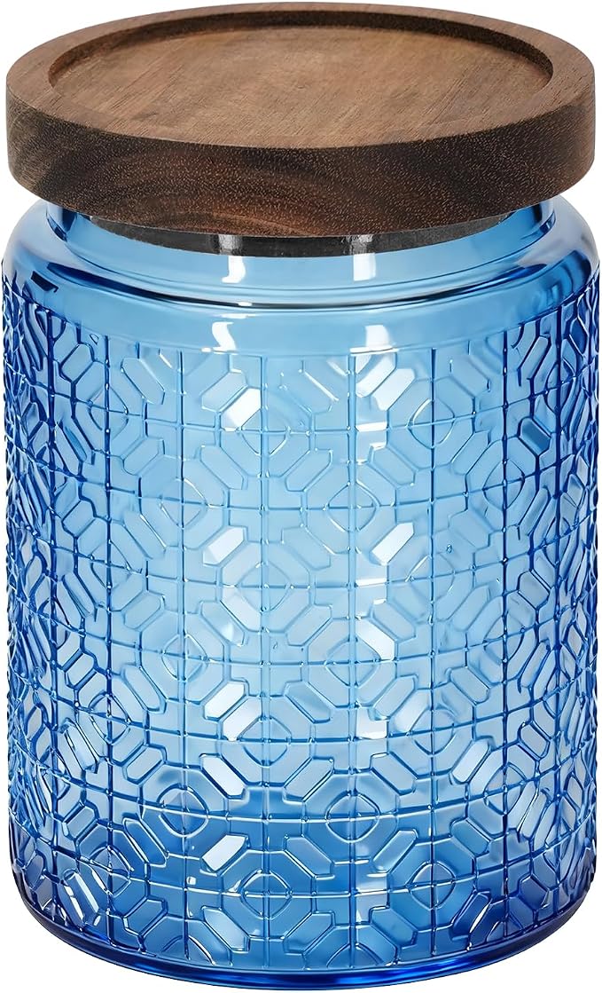 1Pc 24oz Window Style Vintage Glass Candy Jar with Solid Wood Lid, Kitchen Storage Canister for Sugar, Coffee, Tea, Cookies, Bath Salt - Decorative Mason Jar (1, Blue, 24oz) by eispap