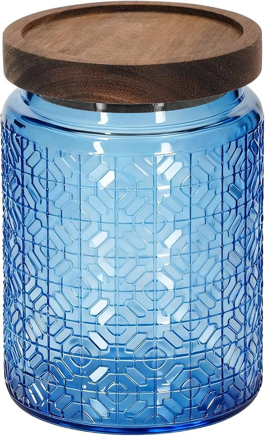 1Pc 24oz Window Style Vintage Glass Candy Jar with Solid Wood Lid, Kitchen Storage Canister for Sugar, Coffee, Tea, Cookies, Bath Salt - Decorative Mason Jar (1, Blue, 24oz) by eispap