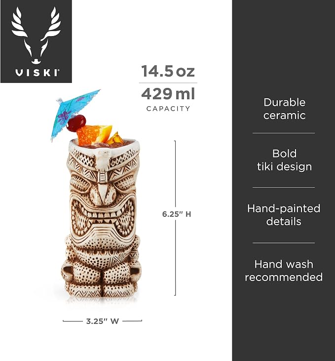 Viski High Tide Tiki Mugs - Hand Painted Ceramic Tiki Glasses for Cocktails - Tiki Barware 14.5oz Highballs Set of 2 White - Image 3