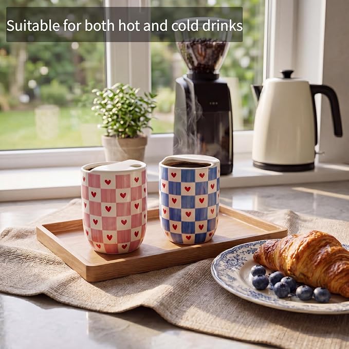 Hushee 2 Pack 16 oz Ceramic Coffee Mugs with Sip Hole, Retro Hand-painted Ceramic Travel Mug, Cute Blue Pink White Hearts Plaid Design, Microwave & Dishwasher Safe, Ideal Gifts for Coffee Lovers - Image 4