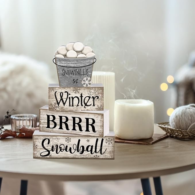 Moucuny 4 Pcs Winter Table Decorations Winter Tiered Tray Decor Christmas Table Centerpiece Rustic Decorative Snowball Snow Bucket Block Sign Farmhouse Christmas Decorations for Home Kitchen Shelf - Image 4
