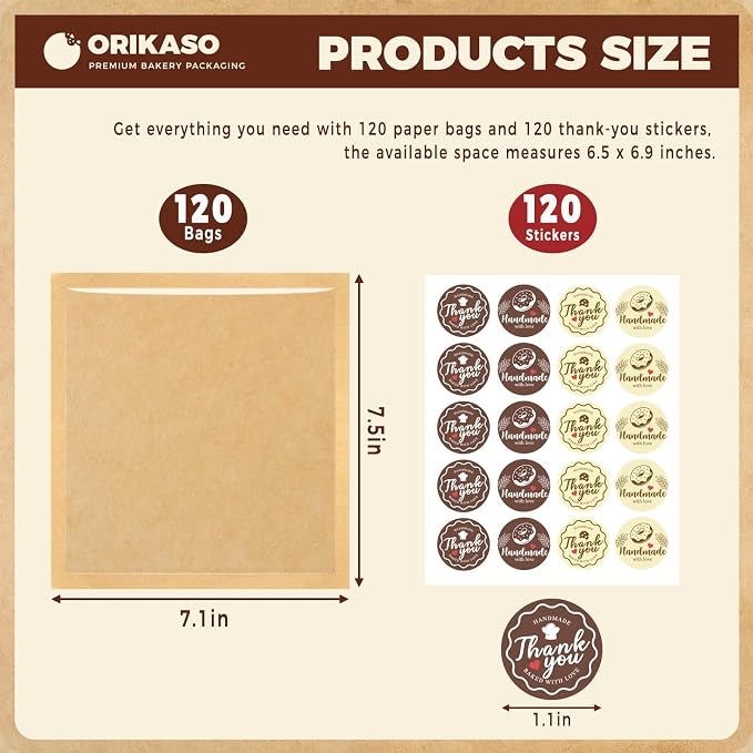 120PCS Cookie Bags with Seal, 7.1 x 7.5 Inch Cookie Packaging with Stickers | Heat Sealable & Grease Resistant Paper Bakery Bags with Window, Pastry Bags for Bake Sale Treat Scone Donut Brownie - Image 2