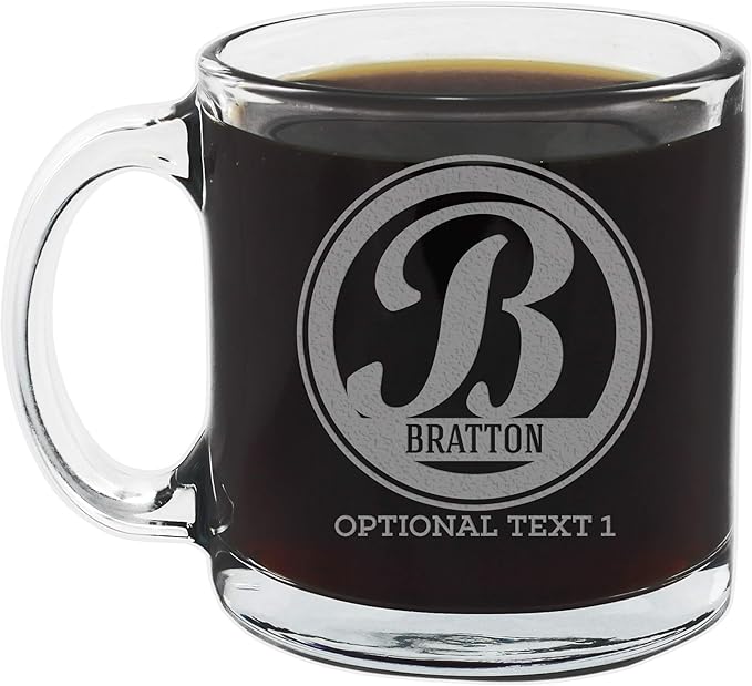Personalized Etched Monogram 12oz Glass Coffee Mug, Bratton, Customized gifts for Her Him, Unique Monogrammed Cup Initial
