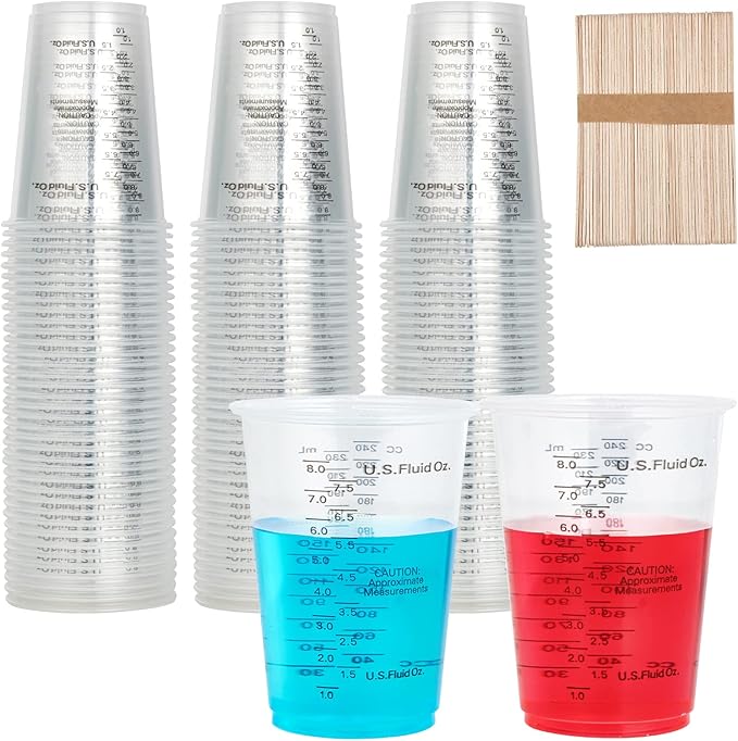 200 PACK Plastic Measuring Cups, 8 oz Disposable Mixing Cups with 100 Wooden Mixing Sticks, Can Be Used for Epoxy Resin, Liquid Measuring, Paint, Cooking and Baking