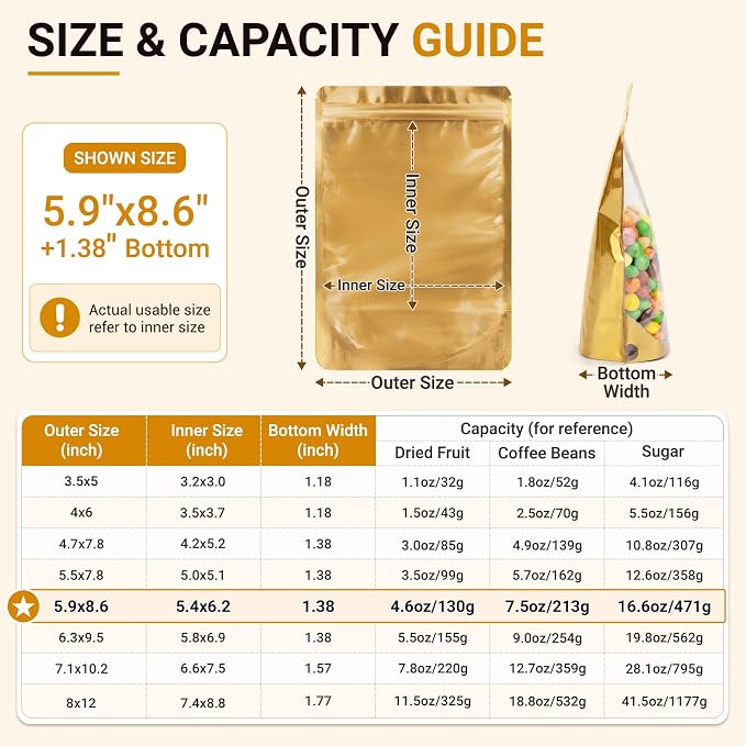 ANZNKU 100PCS Mylar Bags Resealable Small Smell Proof Bags(Gold, 5.9x8.6) | Stand Up Foil Pouches Clear Window, Sealable Bags for Small Business Packaging Snack Party Favors Candy Treats Food Storage - Image 2