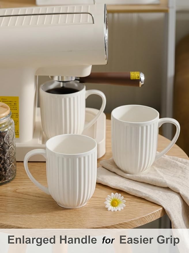 HASENSE Textured Large Coffee Mugs Set of 4, 16 Oz Ribbed Ceramic Cups with Large Handle for Latte Tea Cappuccino, Stackable Embossed Mug Set for Mom Dad, Microwave Dishwasher Safe, Creamy White - Image 6