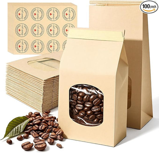 100Pcs Cookie Bags Bakery Bags with Window，Brown Kraft Paper Bags with Tin Tie Tab Lock，108 Labels Treat Bags for Homemade Cookies, Pastries, Coffee Bean, Goodies(9.8"x4.7"x2.6") by Dualshine