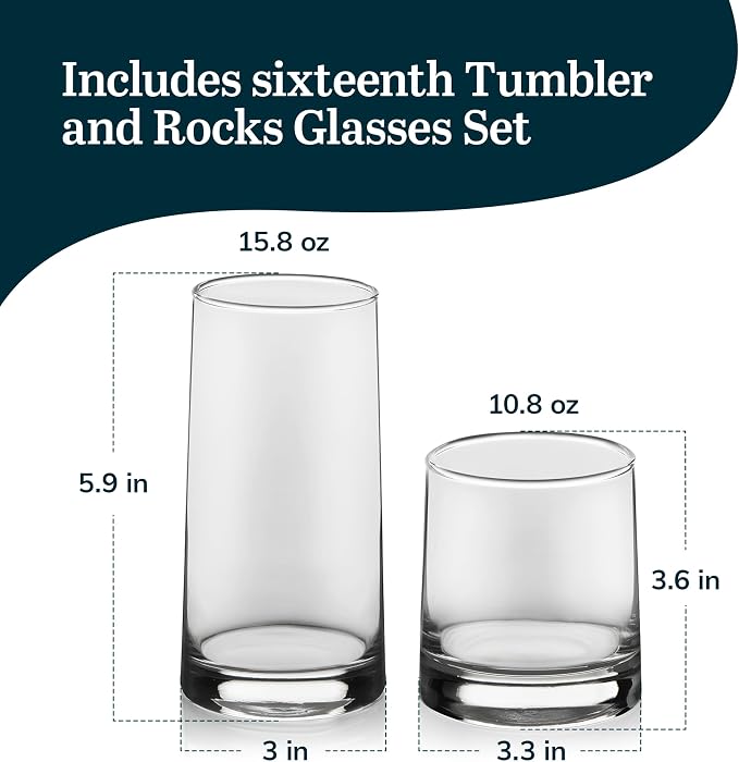 Libbey Cabos 16-Piece Rocks and Tumbler Glasses Set, Angled Glass Cups Set for Water, Juices, and More, Dishwasher-Safe Modern Glassware - Image 3