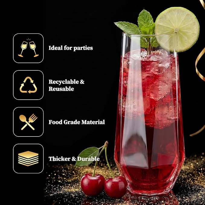GuanQiao 12 Pack Stemless Plastic Champagne Flutes, 9oz Diamond Disposable Champagne Glasses, Heavy Duty Shatterproof Mimosa Glasses for Wine Tasting, Wedding, Bridal Shower, Party Supplies, Birthday - Image 3
