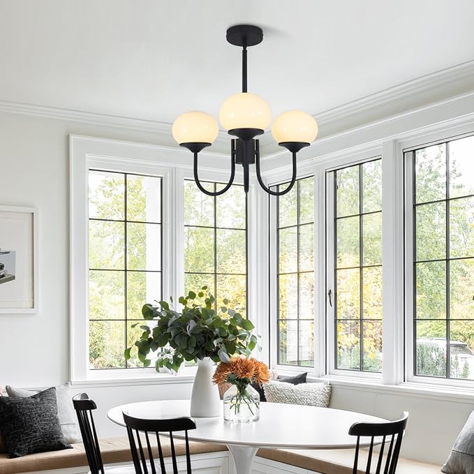 Mid Century Modern Pendant Light 3-Light Milk Glass Chandelier Frosted Globe Chandelier Black Sputnik Ceiling Light Fixture for Living Room Bedroom - Image 5