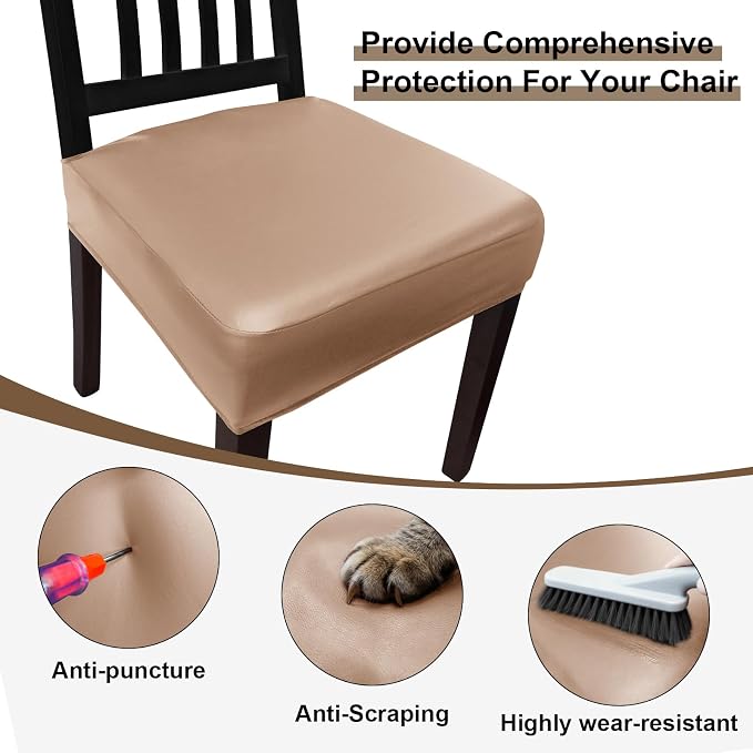 Waterproof Pu Leather Seat Covers for Dining Room Chairs Set of 4,Soft Chairs Seat Slipcovers,Dining Chair Cover Removable Washable Chair Protector Cover Stretch Kitchen Chair Covers - Image 3