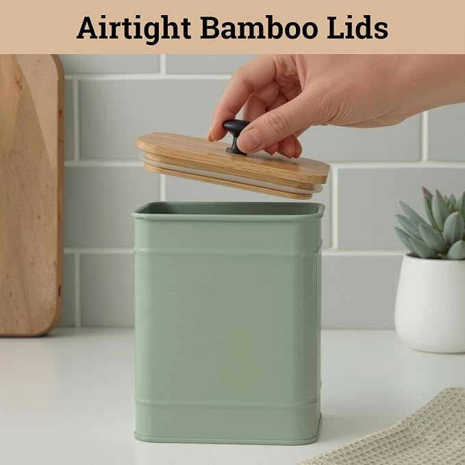 Kitchen Canisters for Countertop Set of 4 w/ Chalkboard Labels & Marker Pen | Airtight Easy Open Bamboo Lids, Dent-Resistant Thick Metal, Customizable Chalkboard Labels, Marker Pen Included, Set of 4 - Image 4