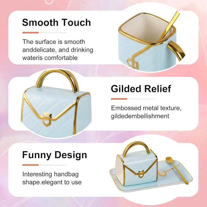 Purse Shaped Mug Set, 10 oz Ceramic Handbag Cup with Saucer & Spoon, Blue | Cute tea cup for women and men, with quilted details and gold-tone accents for espresso, office desks, home hosting and gifts - Image 3