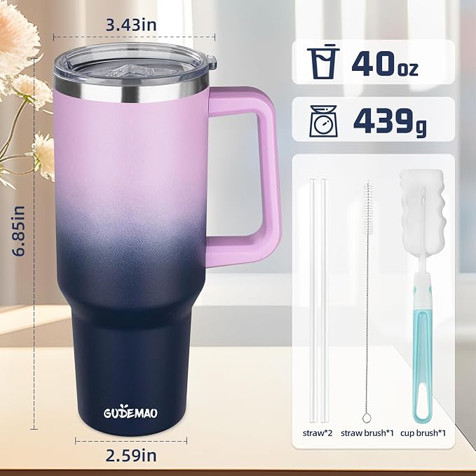 40 oz Insulated Coffee Mug with Ceramic Coating, Stainless Steel Travel Mug Tumbler with Handle Lid and Straw, Double Wall Leak-Proof Coffee Travel Mug Keeps Drink Hot and Cold (Purple Navy) - Image 2
